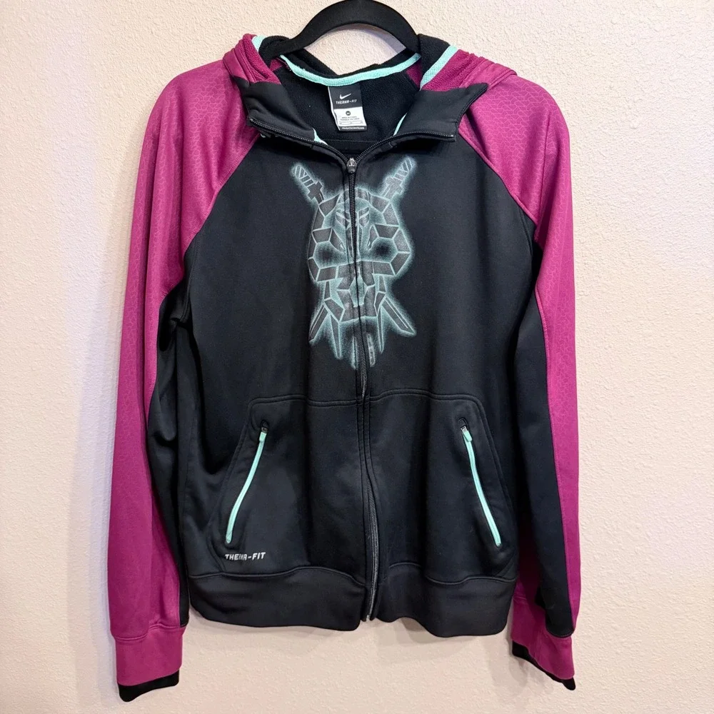 Nike Therma-FIT Hoodie Womens Medium Black Magenta Skull Full Zip Sweatshirt